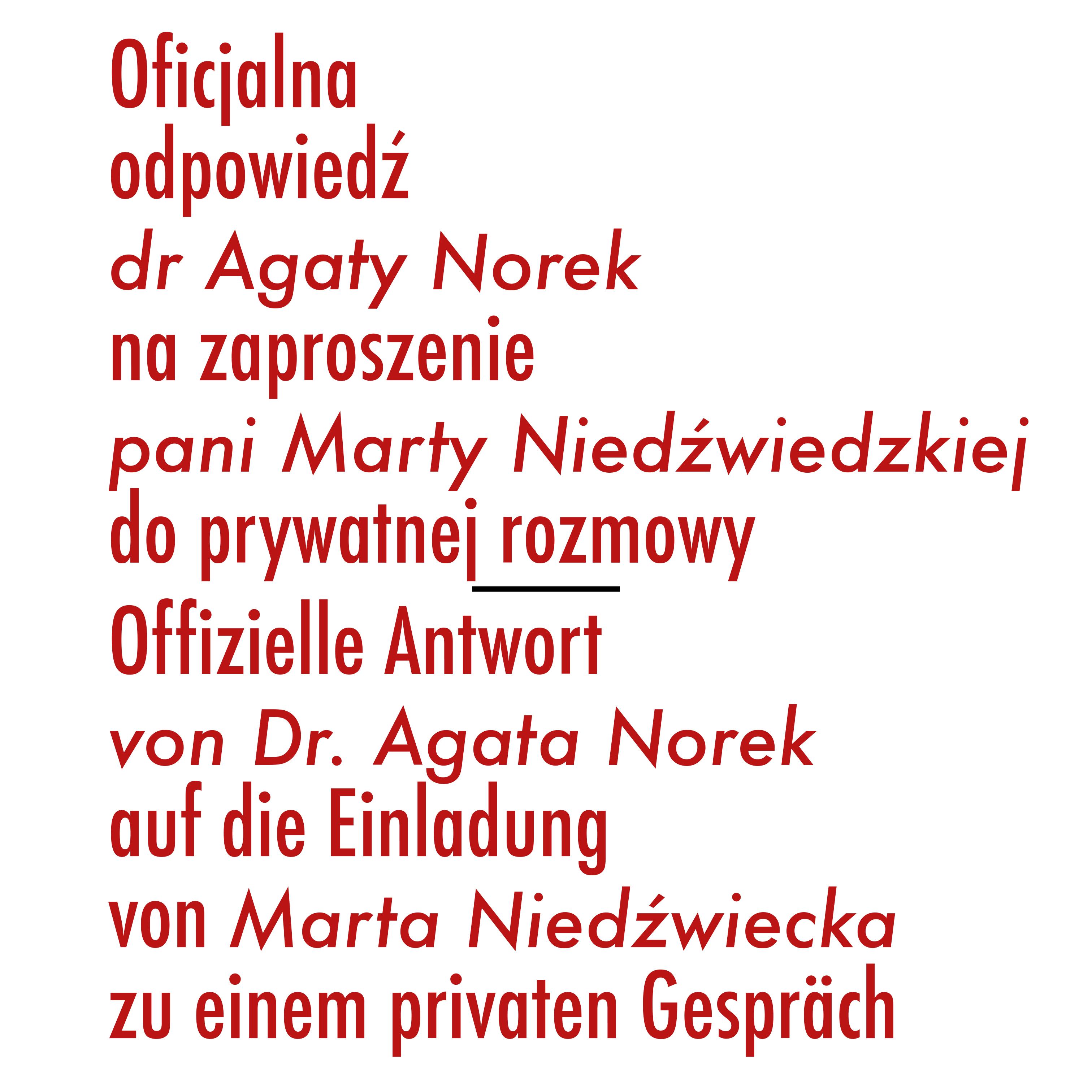  Oficjalna odpowiedź dr Agaty Norek na zaproszenie pani Marty Niedźwiedzkiej do prywatnej rozmowy